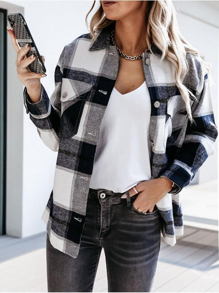 Irvingwad Solid Color Stand-up Collar Plaid Long-sleeved Shirt Jacket Top