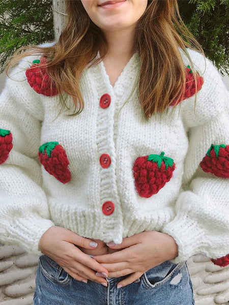 Irvingwad White Single-breasted V-neck Knit Cardigan Strawberry Long Sleeve Sweater