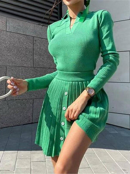 Irvingwad Pure Color Polo Long Sleeve Top Pleated Short Skirt Fashion Casual Knit Two-piece Set