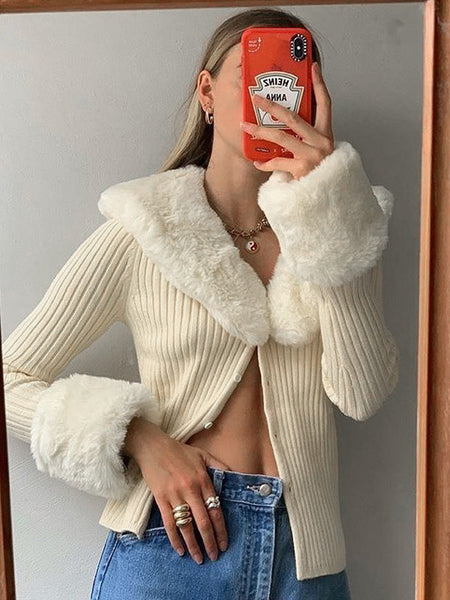 Irvingwad Pure Color Sexy Fur Collar Knitted Jacket Top