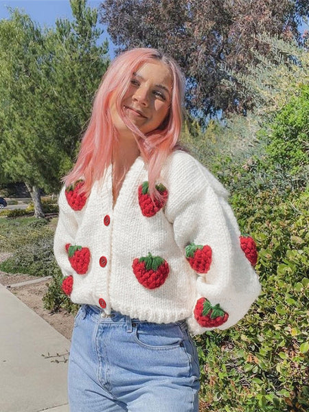 Irvingwad White Single-breasted V-neck Knit Cardigan Strawberry Long Sleeve Sweater