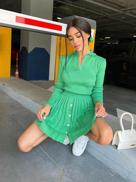 Irvingwad Pure Color Polo Long Sleeve Top Pleated Short Skirt Fashion Casual Knit Two-piece Set