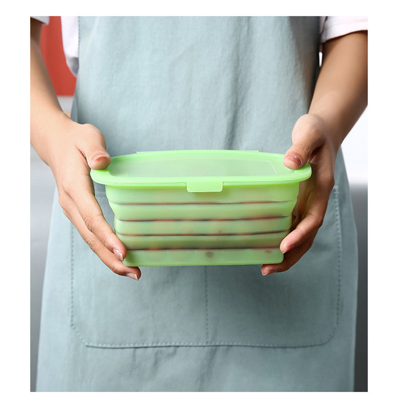 Irvingwad Green Silicone Foldable Fruit and Vegetable Bento Lunch Box with Lid