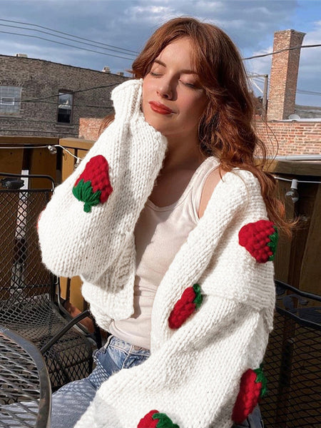 Irvingwad White Single-breasted V-neck Knit Cardigan Strawberry Long Sleeve Sweater