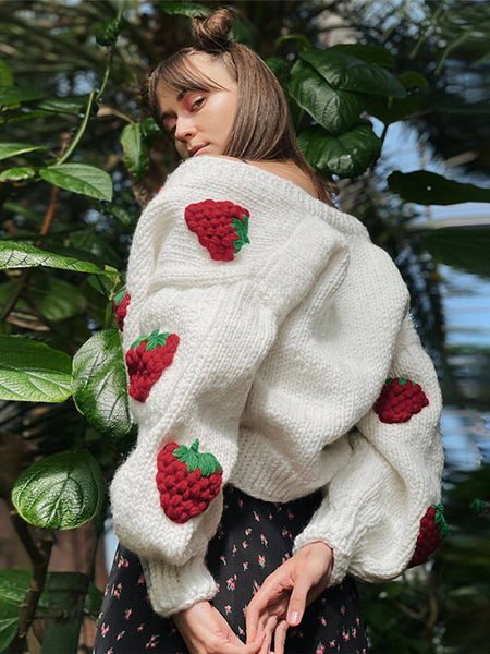 Irvingwad White Single-breasted V-neck Knit Cardigan Strawberry Long Sleeve Sweater