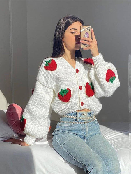 Irvingwad White Single-breasted V-neck Knit Cardigan Strawberry Long Sleeve Sweater