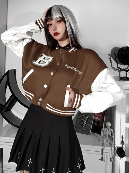 Irvingwad Solid Color Stitching Letter Print Leather Sleeve Baseball Jersey Top