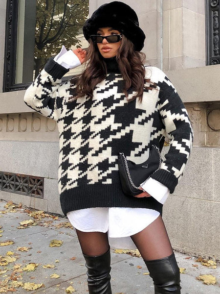 Irvingwad Geometric Houndstooth Knitted Casual Retro Pullover Sweater Tops