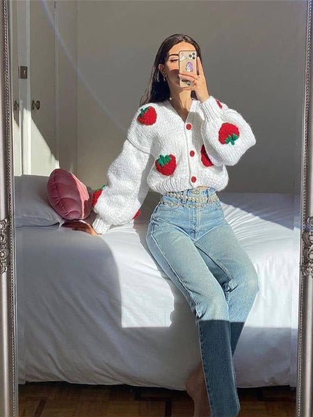 Irvingwad White Single-breasted V-neck Knit Cardigan Strawberry Long Sleeve Sweater