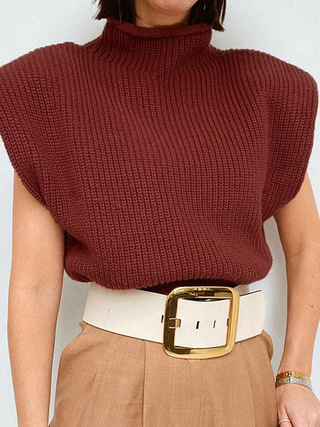 Irvingwad Solid Color Turtleneck Short-sleeved Sweater Wool Knit Top