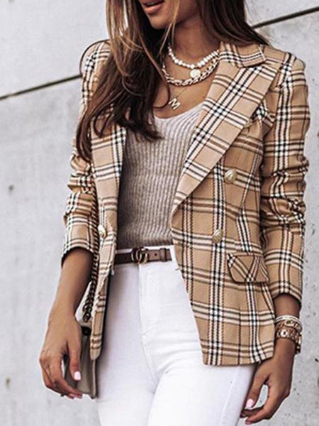 Irvingwad Plaid Printed Long-sleeved Double-breasted Blazer Top