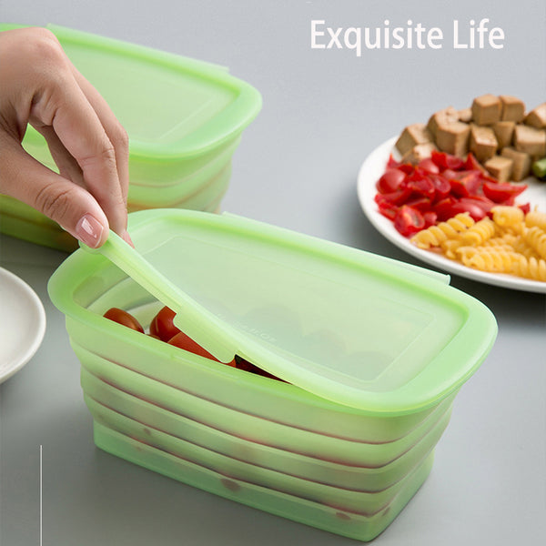 Irvingwad Green Silicone Foldable Fruit and Vegetable Bento Lunch Box with Lid