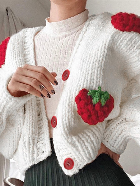 Irvingwad White Single-breasted V-neck Knit Cardigan Strawberry Long Sleeve Sweater